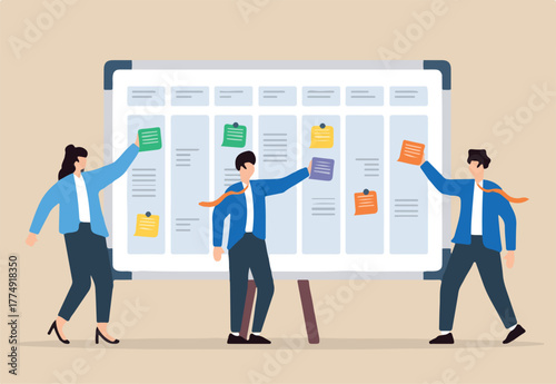 Vector illustration of colleagues using sticky notes to outline project phases on whiteboard