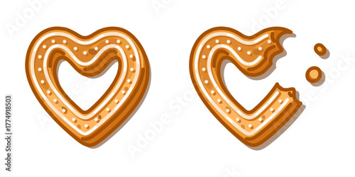 Gingerbread Heart Cookie Set with icing decoration and bitten piece, cartoon sweet dessert design filled with cozy festive warmth and cheerful winter charm.