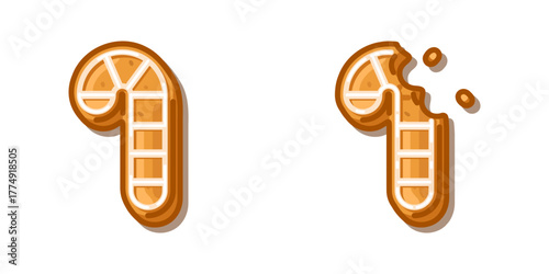 Gingerbread Candy Cane Cookie Set with icing decoration and bitten piece, cartoon sweet dessert design filled with cozy festive warmth and joyful winter charm.