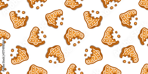 Seamless Bitten Gingerbread Cane Pattern with bitten cane shapes decorated with white icing, cute cartoon design in warm caramel tones and cozy winter mood.