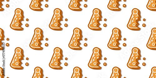 Seamless Bitten Gingerbread Hat Pattern with cartoon cookies decorated with white icing and crumbs, cozy sweet winter design on white background.