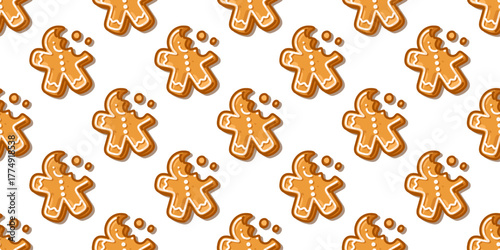 Seamless Bitten Gingerbread Man Pattern with cartoon cookies decorated with white icing and crumbs, cozy sweet winter design on white background.