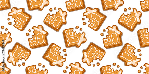 Seamless Bitten Gingerbread House Pattern with cartoon cookies decorated with white icing and crumbs, cozy sweet winter design on white background.