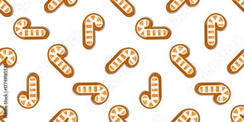 Seamless Gingerbread Candy Cane Pattern with cartoon cookies decorated with white icing, cozy sweet winter design on white background.