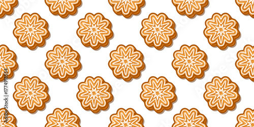 Seamless Gingerbread Snowflake Cookie Pattern with cartoon biscuits decorated with white icing, cozy sweet winter design on white background.