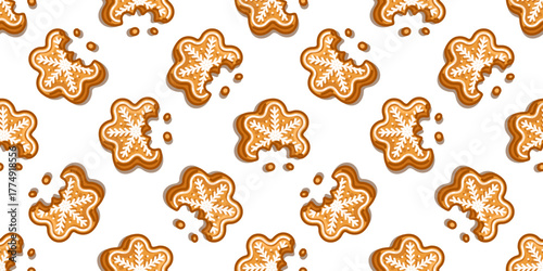 Seamless Bitten Gingerbread Snowflake Pattern with cartoon cookies decorated with white icing and crumbs, cozy sweet winter design on white background.