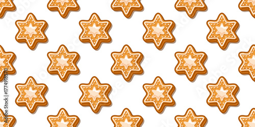 Seamless Gingerbread Star Cookie Pattern with cartoon biscuits decorated with white icing and central glaze, cozy sweet winter design on white background.