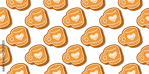 Seamless Gingerbread Mug Cookie Pattern. Gingerbread mug cookie seamless pattern with cartoon biscuits decorated with white icing and heart detail, cozy sweet winter design on white background.