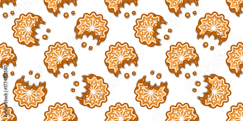 Seamless Bitten Gingerbread Snowflake Cookie Pattern with cartoon biscuits decorated with white icing and crumbs, cozy sweet winter design on white background.