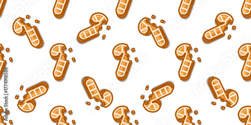 Seamless Bitten Gingerbread Candy Cane Pattern with cartoon cookies decorated with white icing and crumbs, cozy sweet winter design on white background.