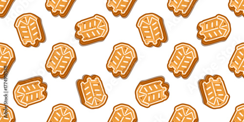 Seamless Gingerbread House Cookie Pattern. Gingerbread house cookie seamless pattern with cartoon biscuits decorated with white icing, cozy sweet winter design on white background.