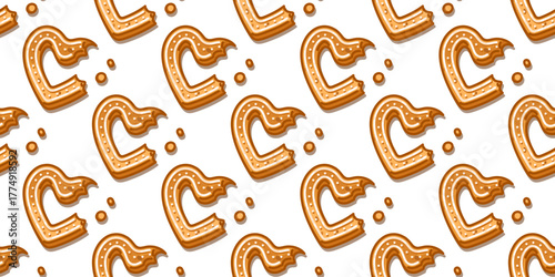 Seamless Bitten Gingerbread Mug Pattern with cartoon cookies decorated with white icing and crumbs, cozy sweet winter design on white background.