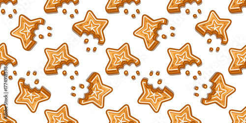 Seamless Bitten Gingerbread Star Pattern with cartoon cookies decorated with white icing and crumbs, cozy sweet winter design on white background.