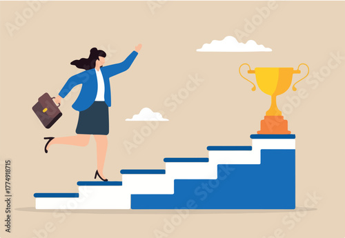 Flat illustration of businesswoman quickly climb staircase to winning trophy symbolizing ambition and career success