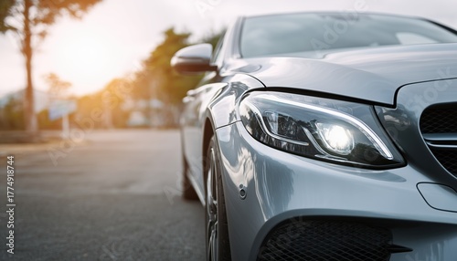 Front View Of Brand New Silver Car Parked On The Asphalt Road With A Close-Up Shot, Showcasing Its Sleek Design.