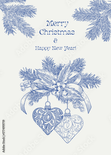 Christmas Vintage illustration toys two hearts with bow, fir branch, beries. Blue beige. Hand drawn elements.Toile Vector background for design holiday decor, decoration, greeting card, cover, poster