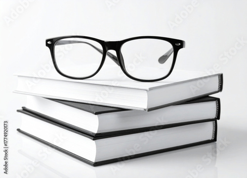 Stack of books with a reading glasses placed on top, isolated background. education, reading, knowledge concept