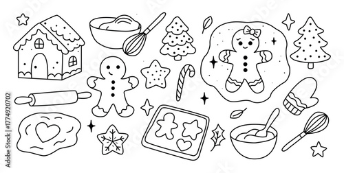 Cute Christmas Gingerbread Cookie Set . Holiday Baking Line Art Illustration