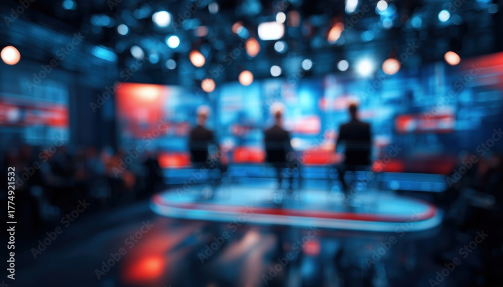 Fototapeta premium Live News Broadcast From A Television Studio With Blurred Image. Discover The Latest Developments In Real-Time Reporting On Air.