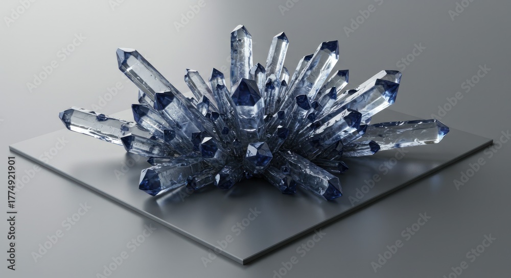 Fototapeta premium Stunning Crystal Cluster on Metallic Surface, Geometric, Blue Tones, 3D Render.