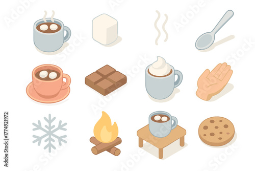 Cozy winter elements: isometric hot drinks, mason jar, chocolate, snowflake, and campfire icons