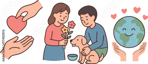 Kindness and Compassion Illustration Set – Helping Hands, Caring for Animals, Giving Love, and Protecting Earth