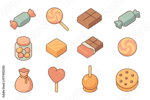 Assorted sweet treats icons: candy, chocolate, lollipop in soft pastel colors
