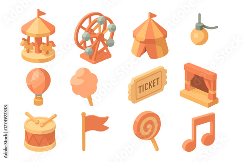 Amusement park icons set with carousel, ferris wheel, and circus tent in isometric style