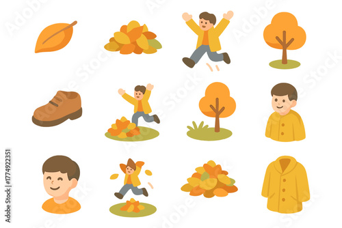 Autumn fun: playful scenes with leaves, trees, and happy children in flat style