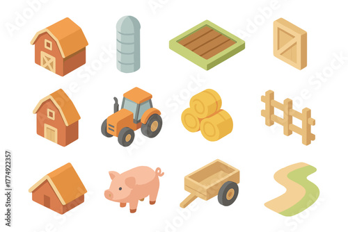 Isometric farm elements with tractor, barn, pig, and hay bales