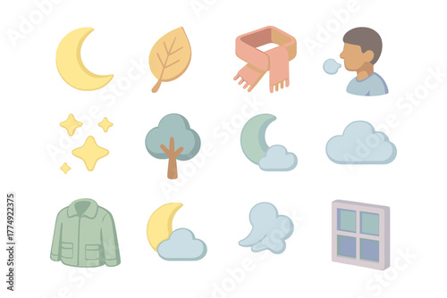 Cozy autumn icons set with moon, clouds, and fall elements in pastel colors