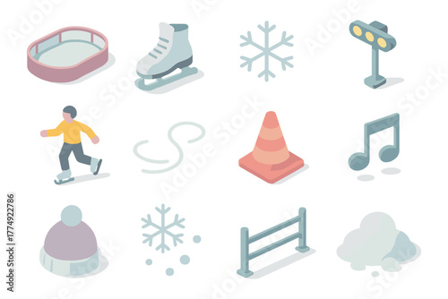 Isometric winter sports icons: ice skating, snowflakes, traffic light, and more