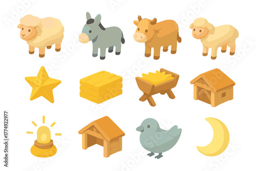 Isometric farm animals and objects collection: cute and colorful ranch icons