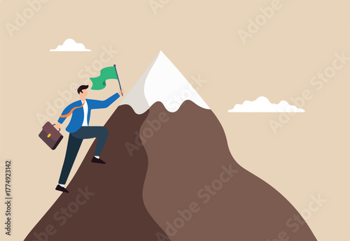 Flat illustration of businessman climbing mountain with determination and holding flag achievement perseverance reaching ambitious goals and success mission