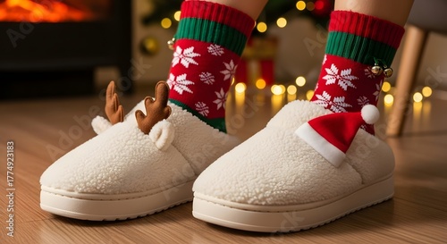 A pair of christmas slippers with socks by a fireplace at home