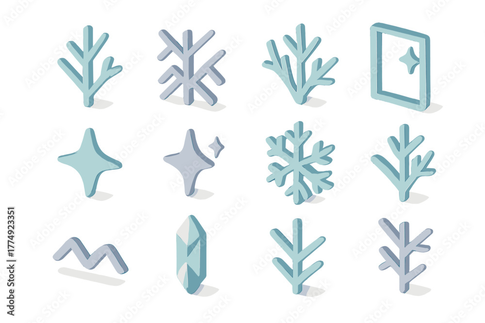 Obraz premium Isometric winter icons: snowflakes, crystals, and nature elements