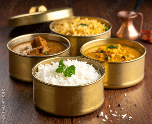 Indian tiffins filled with curry and rice on table, homemade Indian food, cultural food