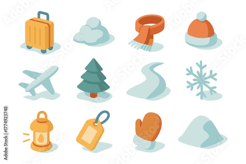 Winter travel essentials in isometric design: airplane, luggage, mittens, snowflakes, more