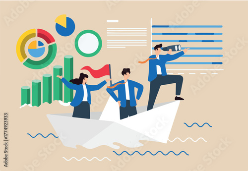 Navigating market trends, strategic foresight, adapting to economic changes, data-driven decision-making concept vector illustration. Analysts sailing on paper boat with financial charts