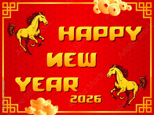 china horse new year poster banner red golden rich lucky illustration design