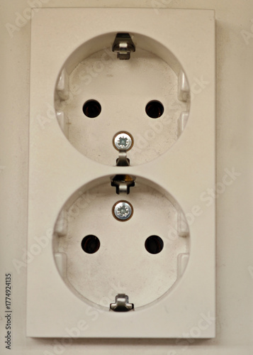 Electrical outlet panel with two ports located in a residential setting on a neutral wall