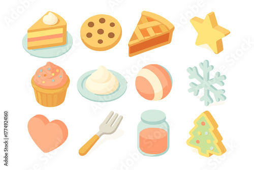 Assorted sweet treats and desserts in flat style with holiday shapes