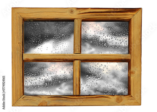 Raindrops on a wooden window frame create a peaceful atmosphere during a rainy day