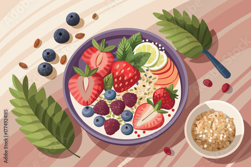 A bowl of fruit and nuts with a spoon on the table