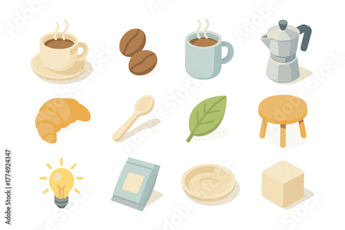 Cozy morning essentials: coffee, kitchen, and breakfast icons for a warm start