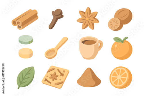 Cozy autumn spice and citrus elements in flat design