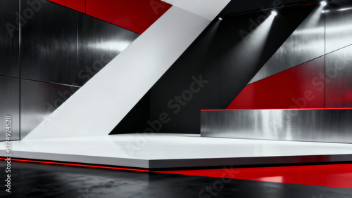 Sleek, modern abstract interior exhibition stage with metallic silver, black, red, and white geometric panels, sharp angles, reflective surfaces, and dramatic lighting