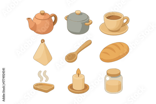 Wallpaper Mural Cozy kitchen essentials in isometric style – teapot, pot, mug, and more Torontodigital.ca