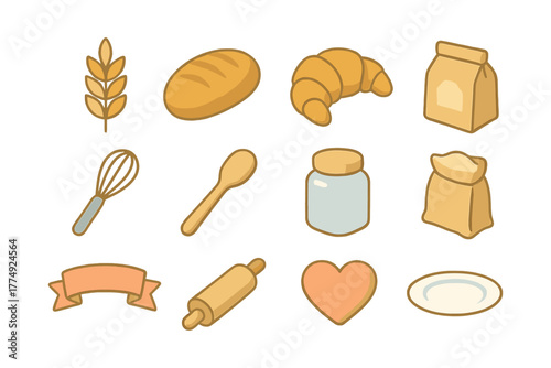 Collection of baking icons with bread, croissant, and kitchen tools on white background