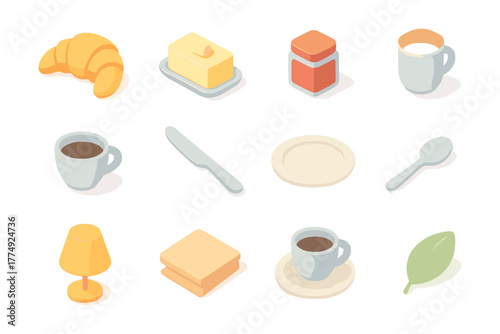 Isometric breakfast elements: coffee, croissant, butter, and more in soft pastel tones